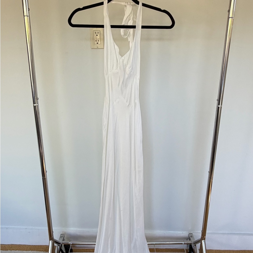 Elegant White Satin Halter Maxi Dress
